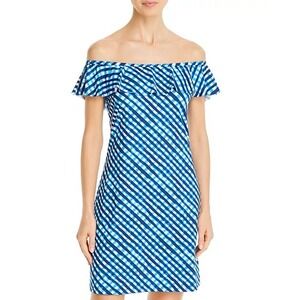 Tommy Bahama Blue Gingham Performance Cover-up Ruffle Dress Pockets Small Resort
